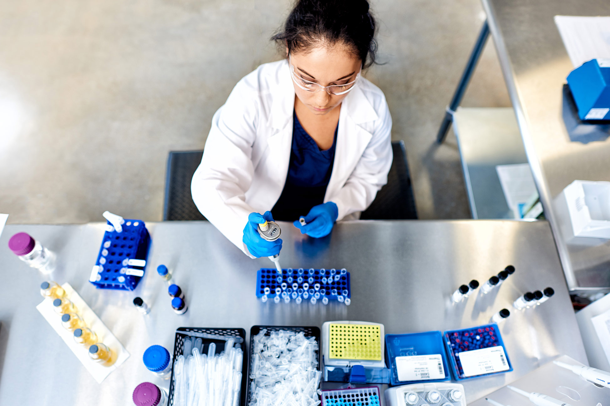 Overhead view of laboratory testing practice.