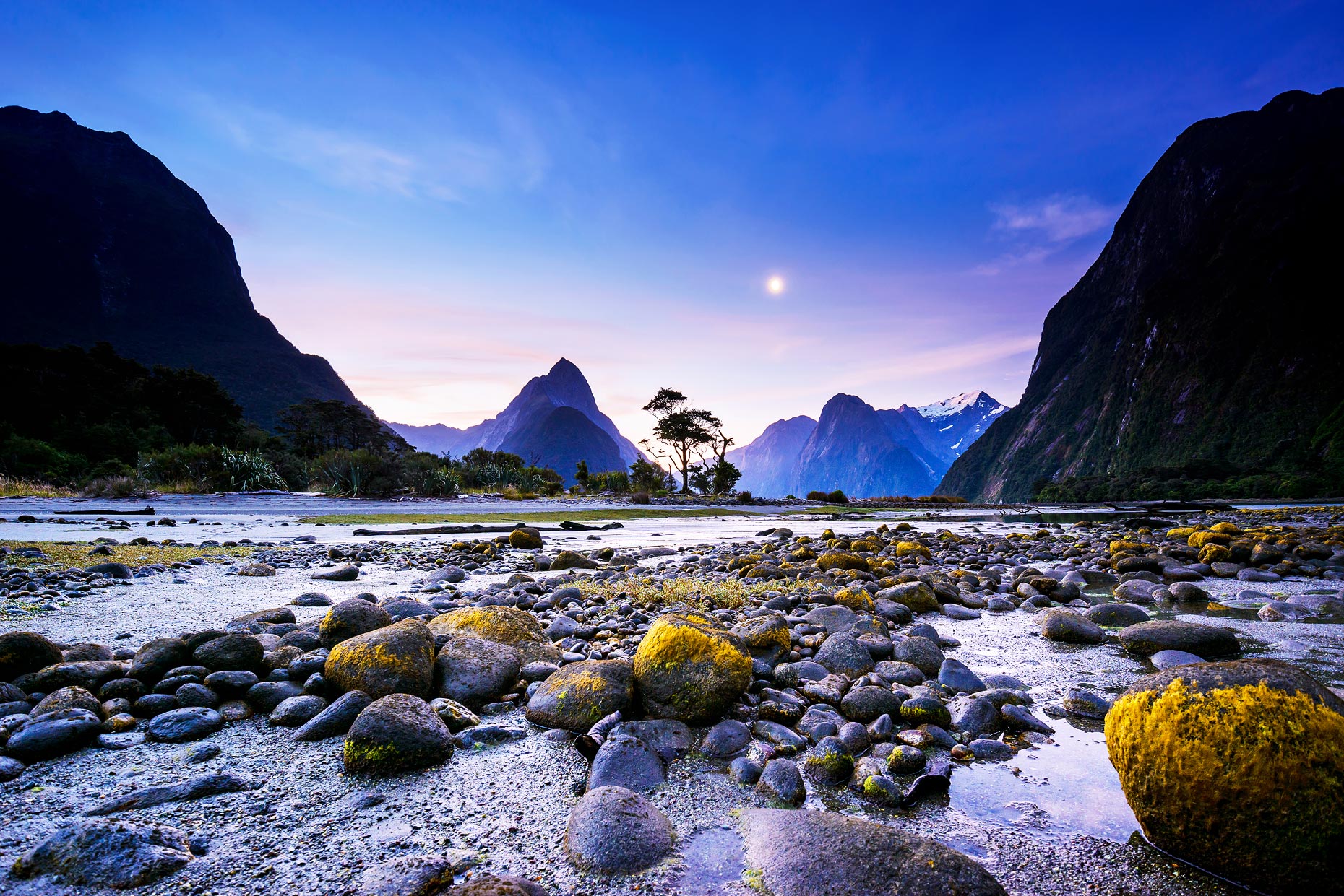 Milford Sound New Zealand Blue Hour Landscape with Moon